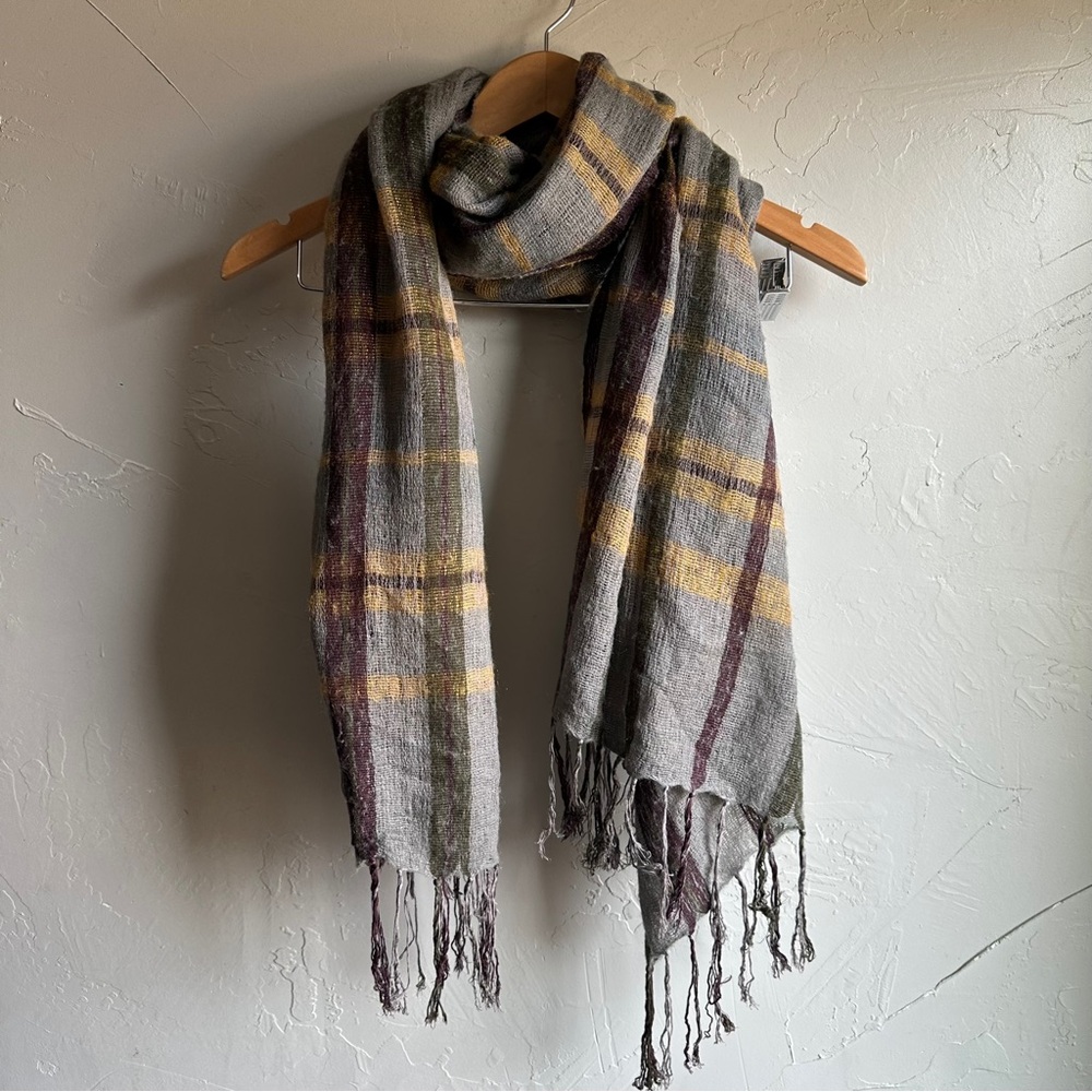 Prana‎ Earth Tone Plaid Fringe Scarf Rustic Cottagecore Dark Academia Wrap 76x30